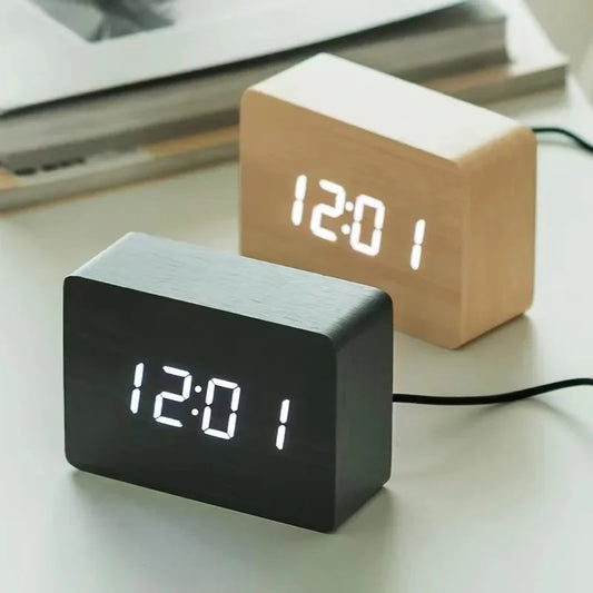 LED Digital Wooden Alarm Clock 🔊 – Voice Control | Temperature 🌡️ | Date 📅 | Adjustable Brightness 💡