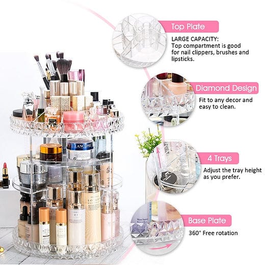 360° Rotating Makeup Organizer – Stylish & Space-Saving 🔄